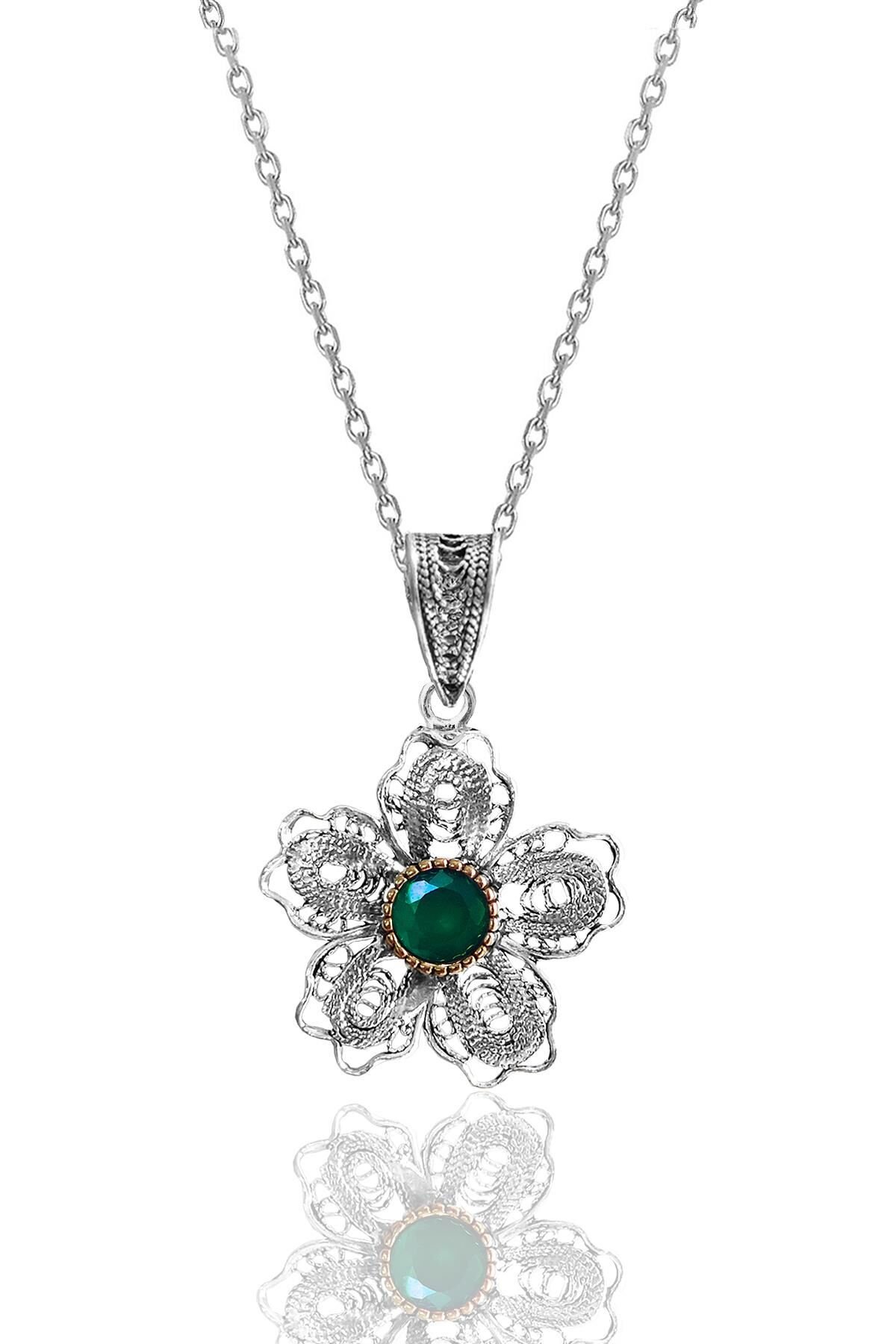 Gümüş kök zümrüt taşlı telkari işlemeli çiçek kolye  SGTL12134YESIL