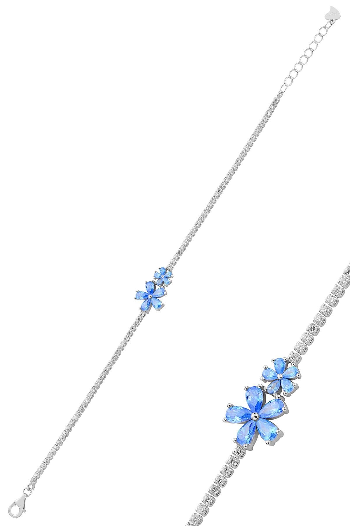Gümüş rodyumlu akuamarin taşlı gülen çiçekler su yolu bileklik SGTL12762MAVI