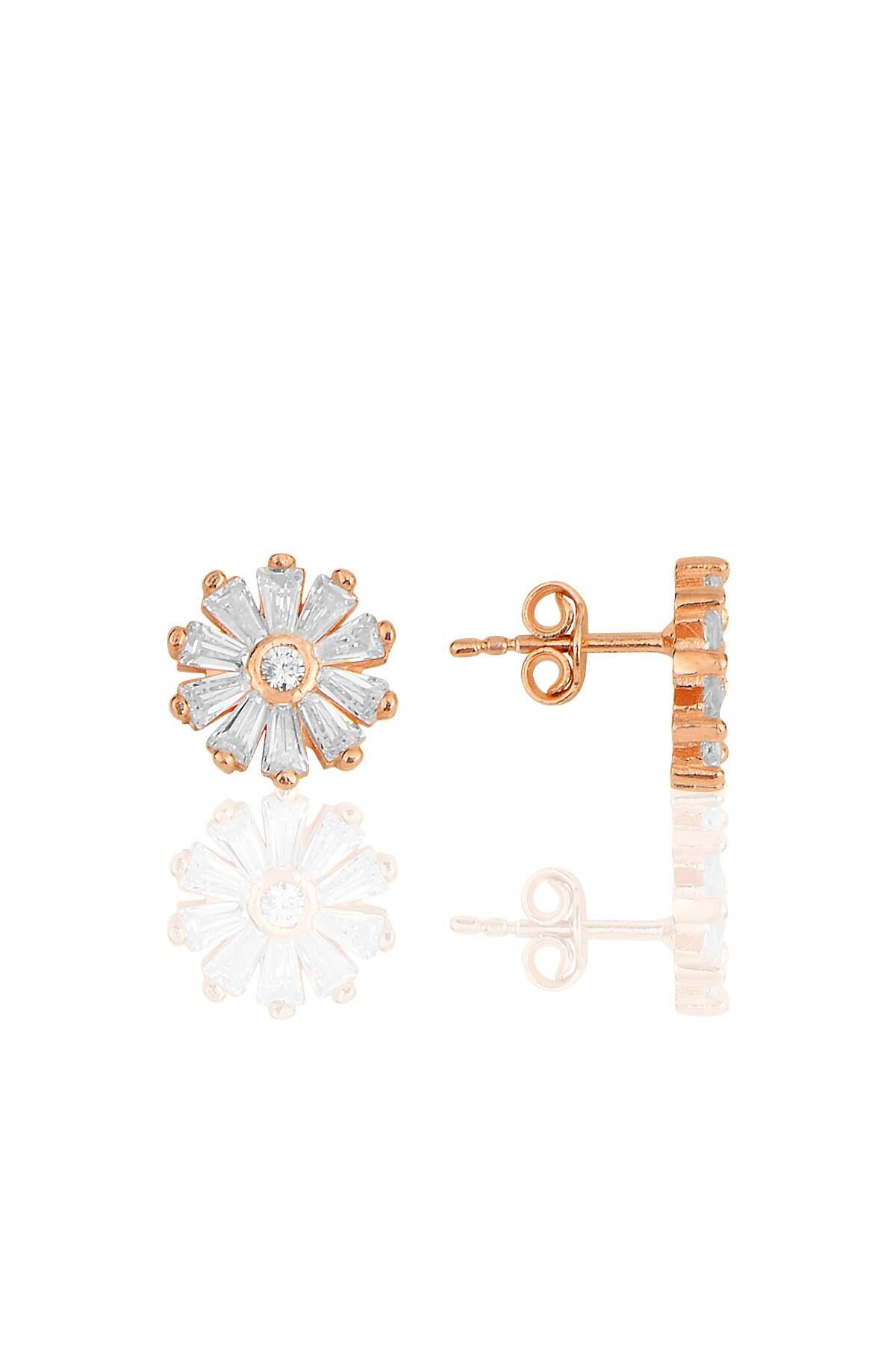 Gümüş rose baget kesim zirkon taşlı  papatya küpe SGTL11702ROSE