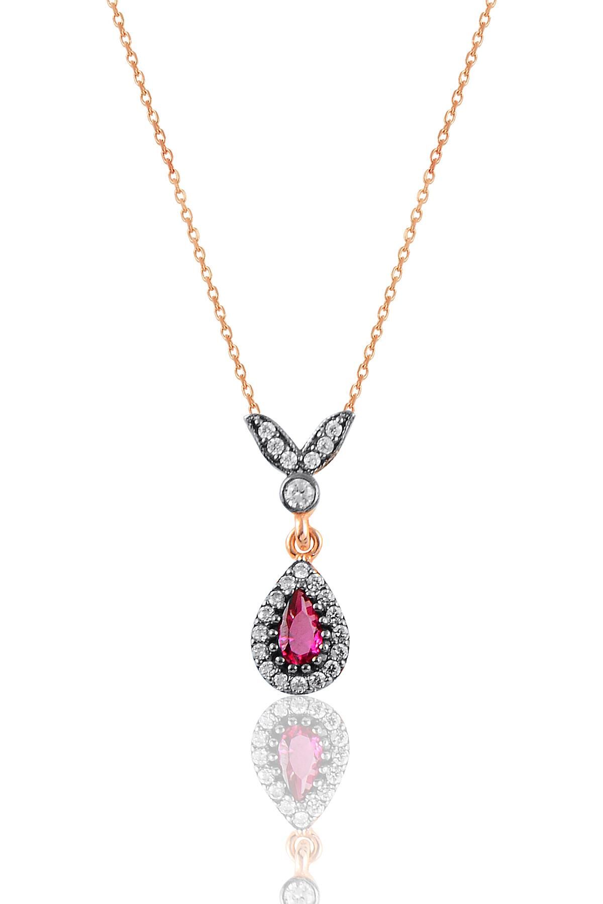 Gümüş rose kök yakut taşlı damla kolye SGTL10989YAKUT