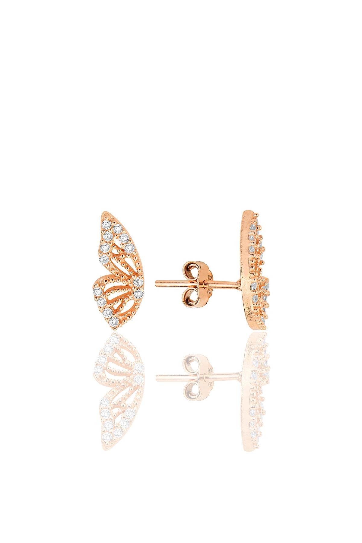 Gümüş rose zirkon taşlı özel tasarım kelebek küpe SGTL12261ROSE
