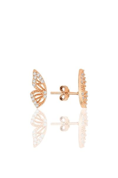 Gümüş rose zirkon taşlı özel tasarım kelebek küpe SGTL12261ROSE
