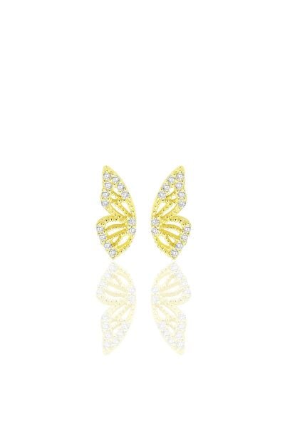 Gümüş altın yaldızlı zirkon taşlı özel tasarım kelebek küpe SGTL12261GOLD