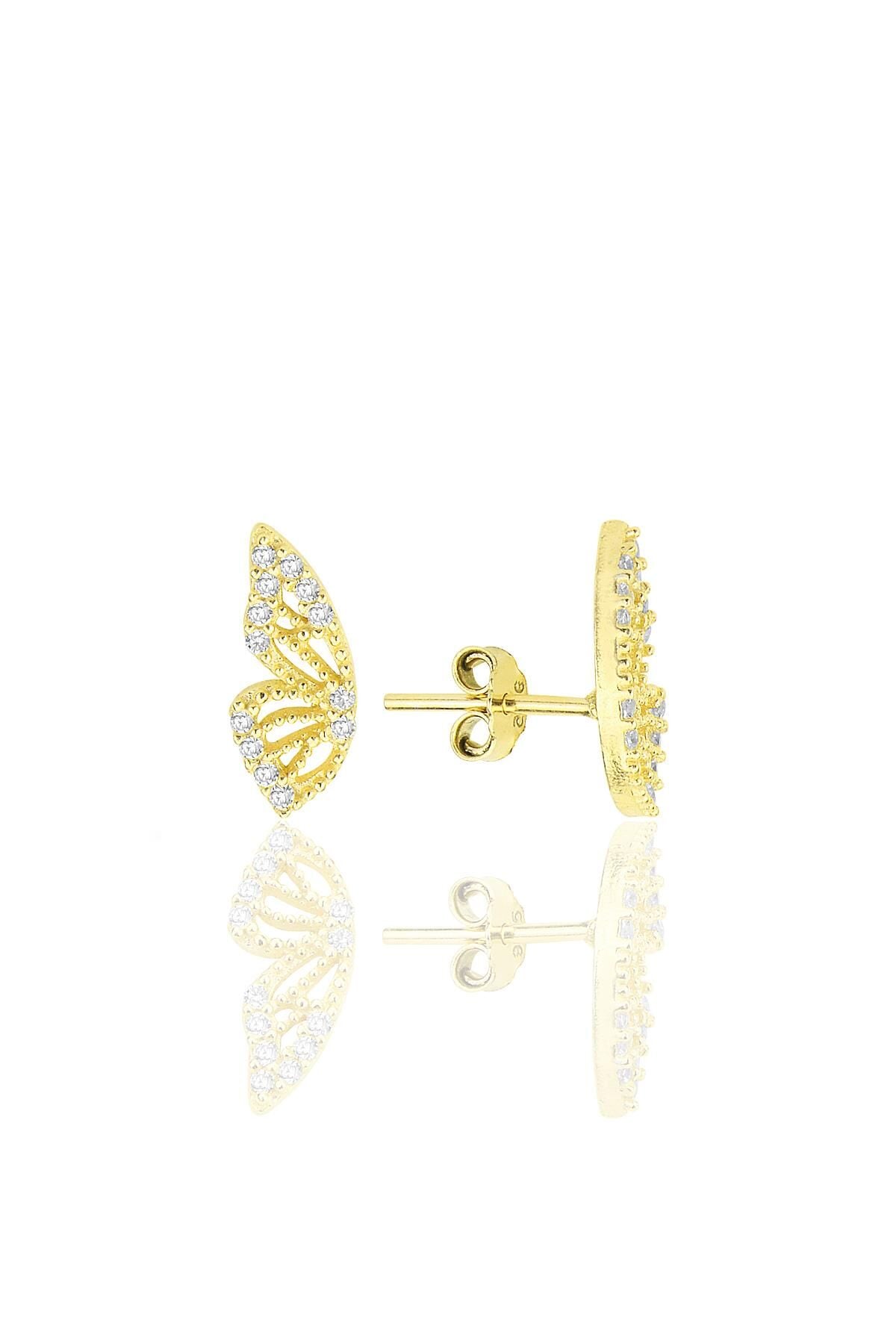 Gümüş altın yaldızlı zirkon taşlı özel tasarım kelebek küpe SGTL12261GOLD