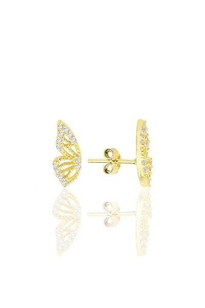 Gümüş altın yaldızlı zirkon taşlı özel tasarım kelebek küpe SGTL12261GOLD