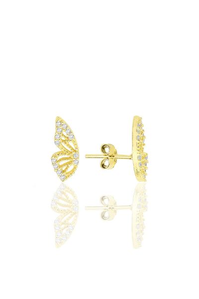 Gümüş altın yaldızlı zirkon taşlı özel tasarım kelebek küpe SGTL12261GOLD