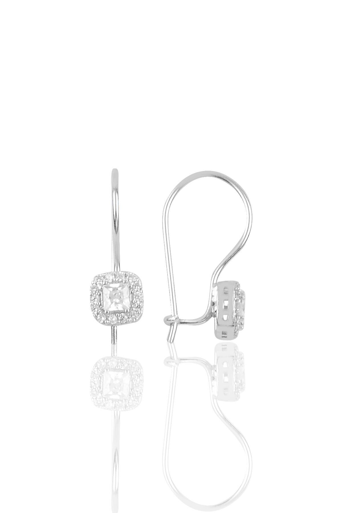 Gümüş rodyumlu zirkon taşlı çengelli kare küpe SGTL10286RDJ