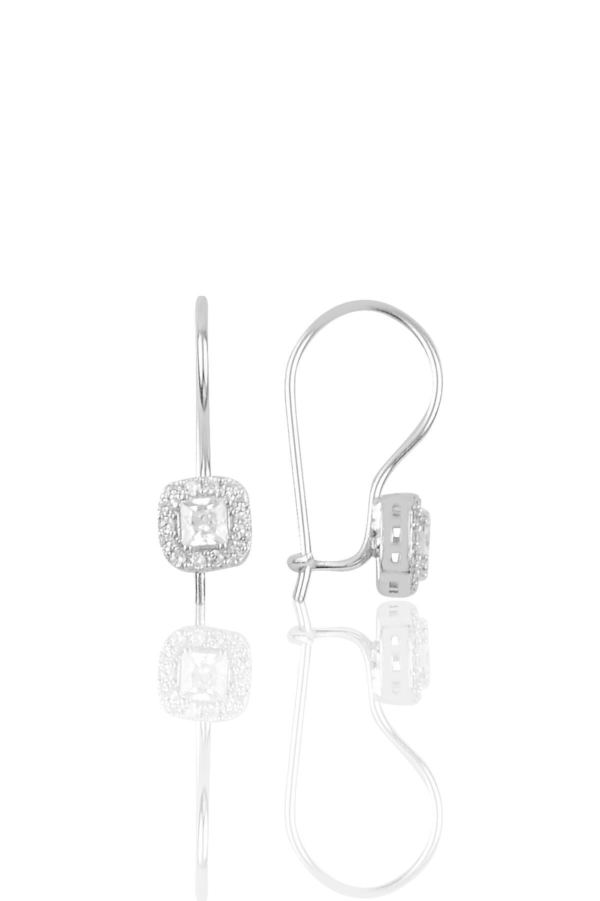 Gümüş rodyumlu zirkon taşlı çengelli kare küpe SGTL10286RDJ