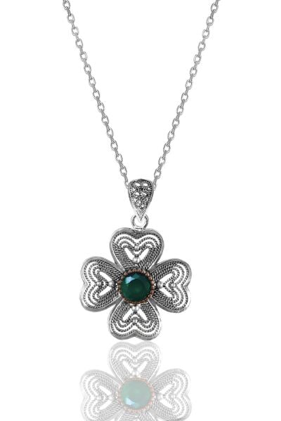 Gümüş kök zümrüt taşlı telkari işlemeli yonca kolye  SGTL12135YESIL