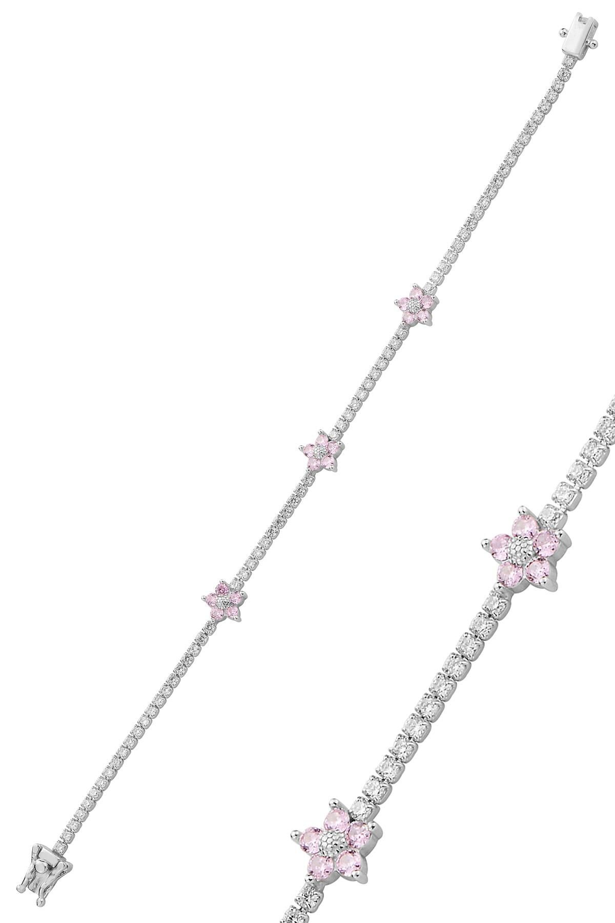 Gümüş rodyumlu zirkon taşlı pembe çiçekler su yolu bileklik SGTL12763PEMBE