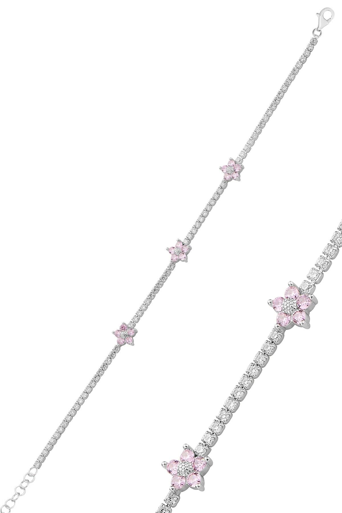Gümüş rodyumlu zirkon taşlı pembe çiçekler su yolu bileklik SGTL12763PEMBE