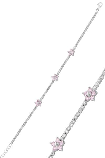 Gümüş rodyumlu zirkon taşlı pembe çiçekler su yolu bileklik SGTL12763PEMBE