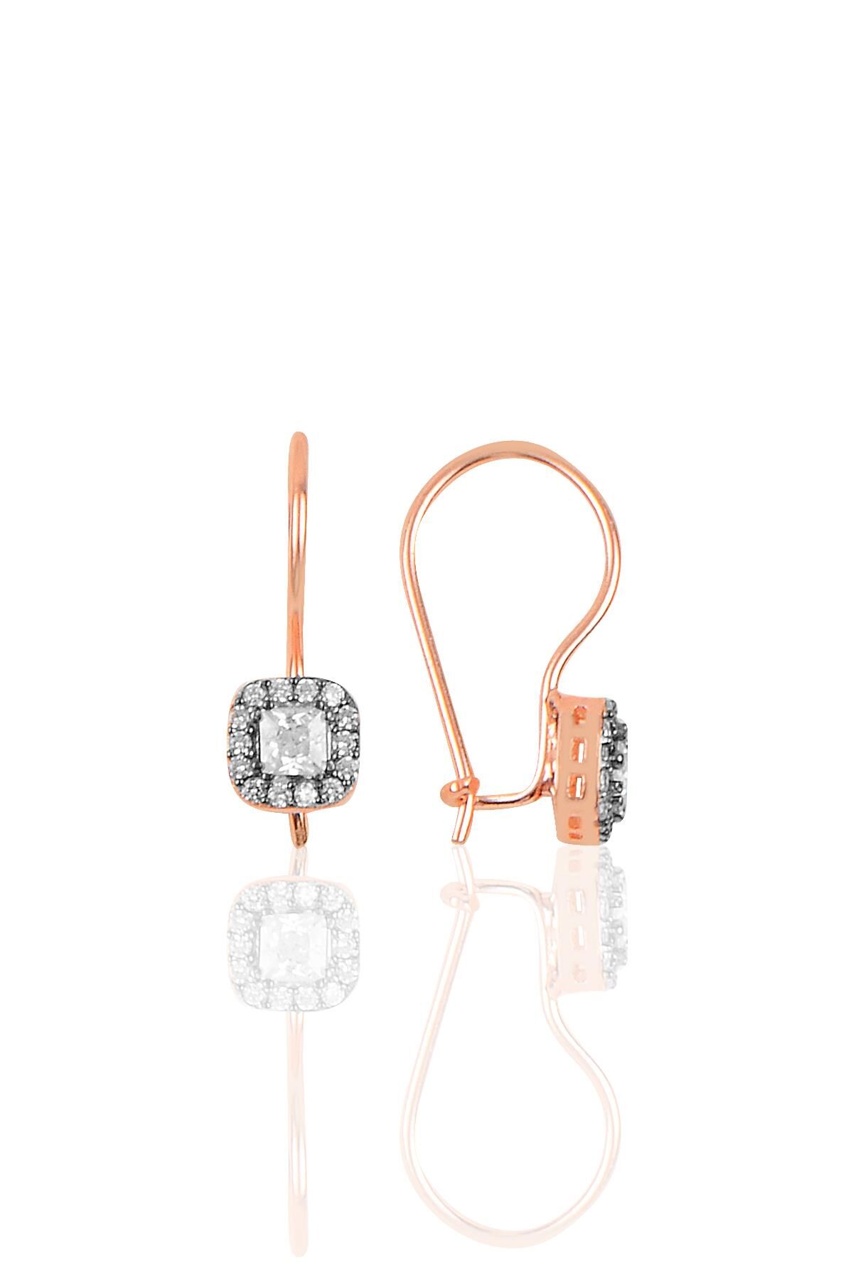 Gümüş rose zirkon taşlı  çengelli kare küpe SGTL10286ROSE