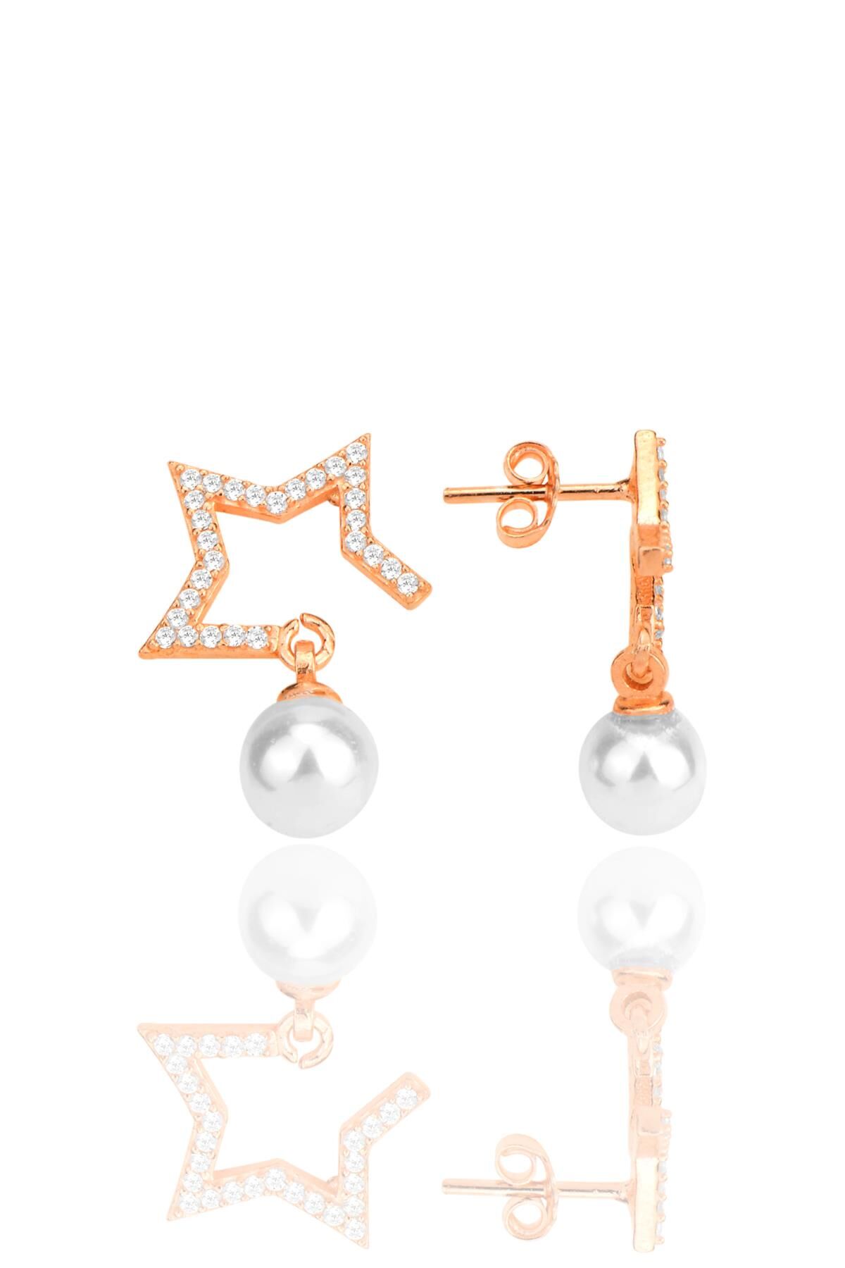 Gümüş rose zirkon taşlı,inci sallantılı yarım yıldız küpe SGTL12260ROSE