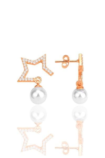 Gümüş rose zirkon taşlı,inci sallantılı yarım yıldız küpe SGTL12260ROSE