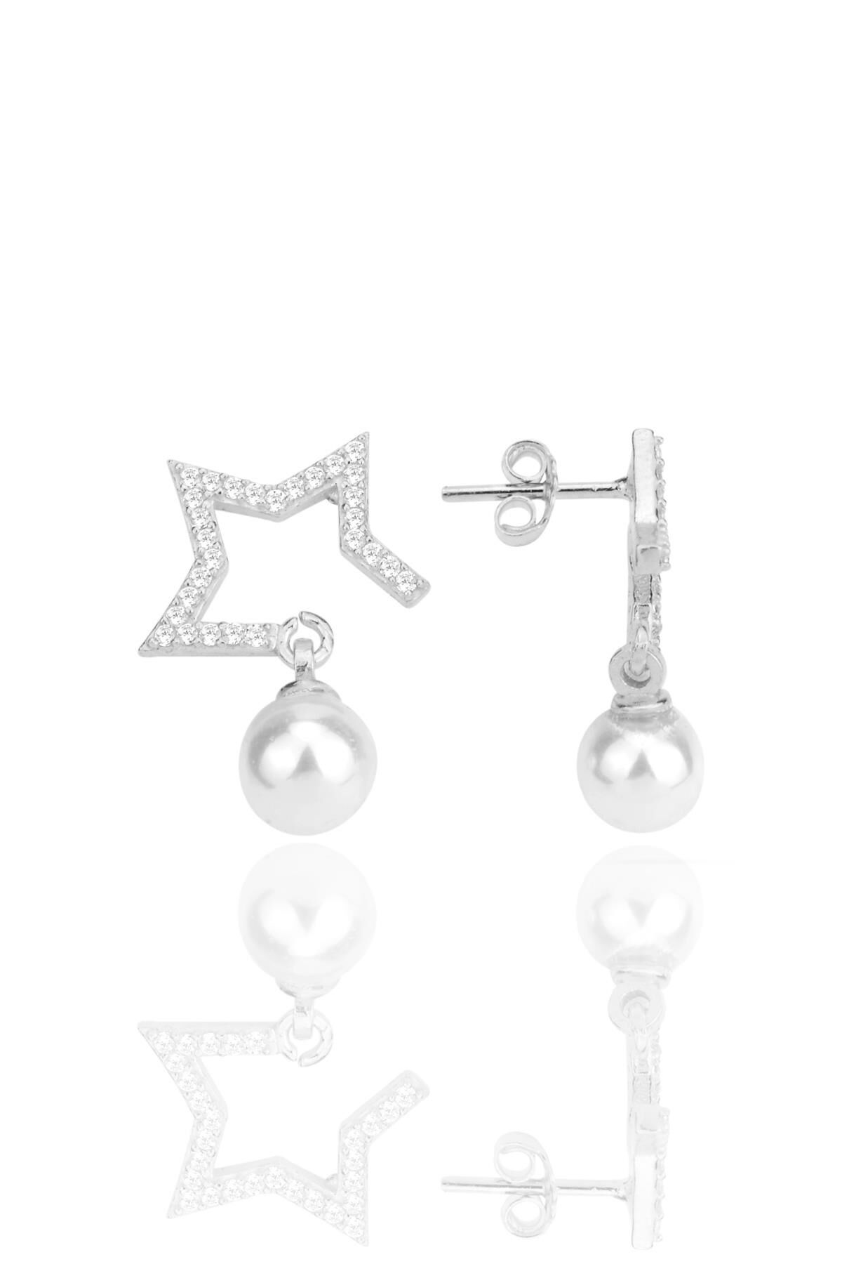 Gümüş rodyumlu zirkon taşlı,inci sallantılı yarım yıldız küpe SGTL12260RODAJ