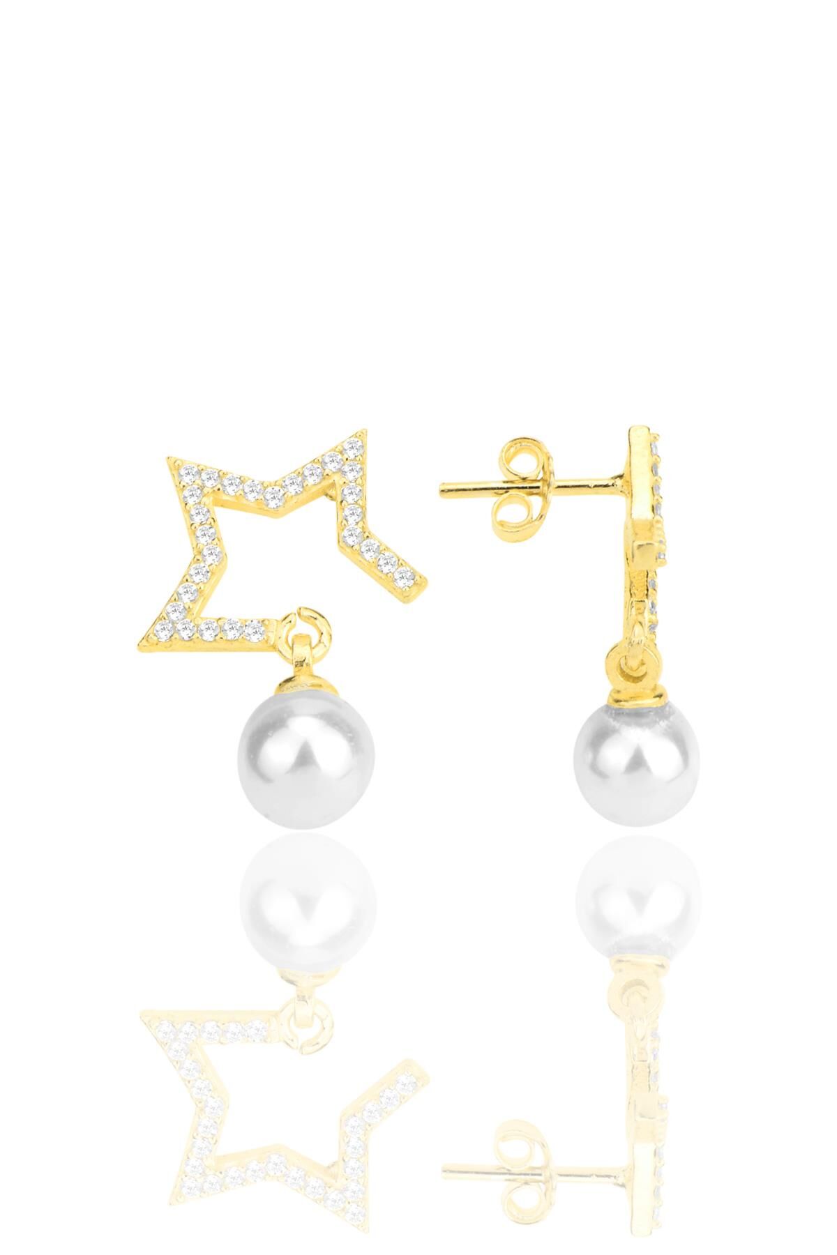 Gümüş altın yaldızlı zirkon taşlı,inci sallantılı yarım yıldız küpe SGTL12260GOLD