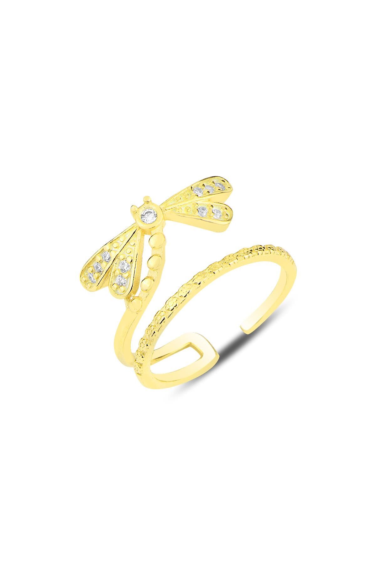 Gümüş altın yaldızlı zirkon taşlı yusufçuk modeli ayarlamalı eklem yüzük SGTL12158GOLD