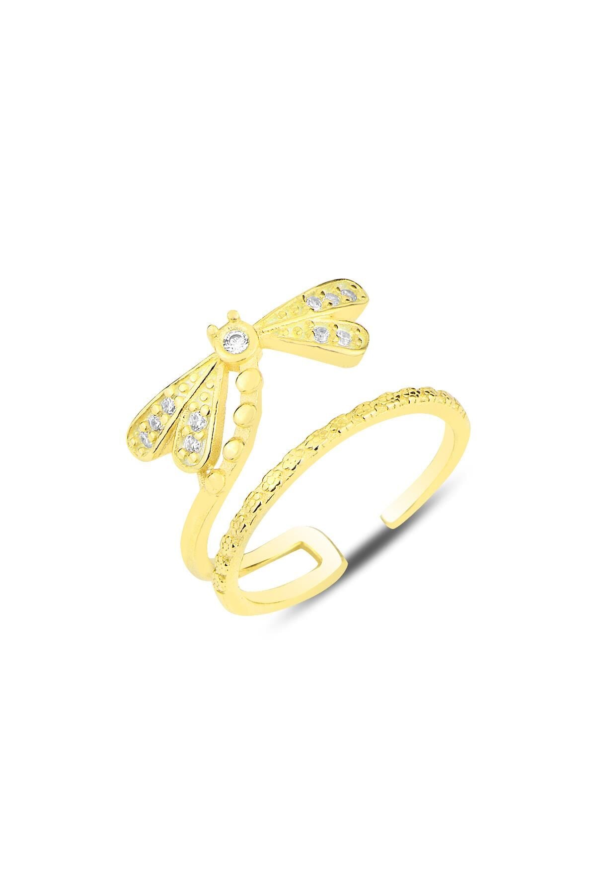 Gümüş altın yaldızlı zirkon taşlı yusufçuk modeli ayarlamalı eklem yüzük SGTL12158GOLD