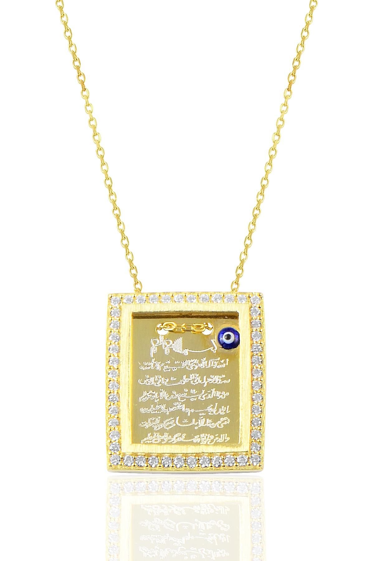 Gümüş altın renkli çerçeveli zirkon taşlı Ayetel kürsü yazılı plaka kolye SGTL9076