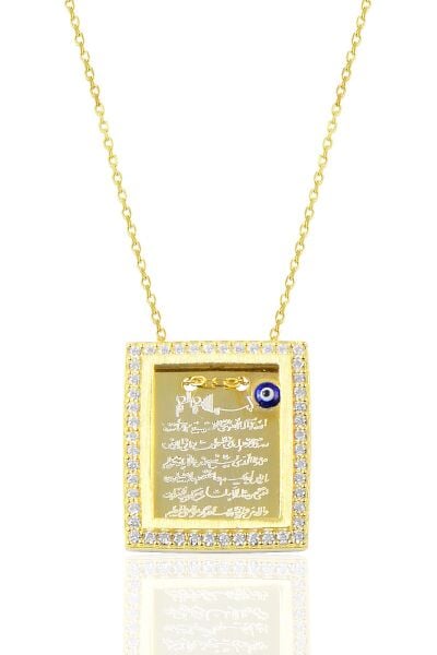 Gümüş altın renkli çerçeveli zirkon taşlı Ayetel kürsü yazılı plaka kolye SGTL9076