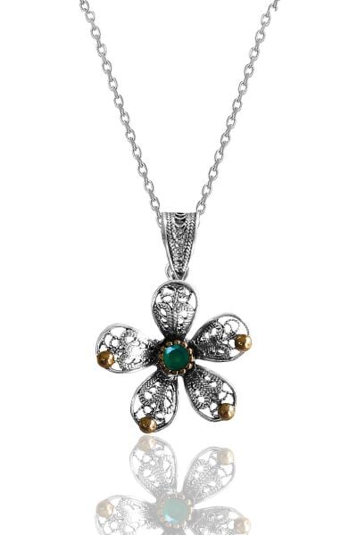 Gümüş kök zümrüt taşlı telkari işlemeli çiçek kolye  SGTL12133YESIL