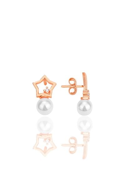 Gümüş rose zirkon taşlı incili ay yıldız kombin küpe SGTL12259ROSE