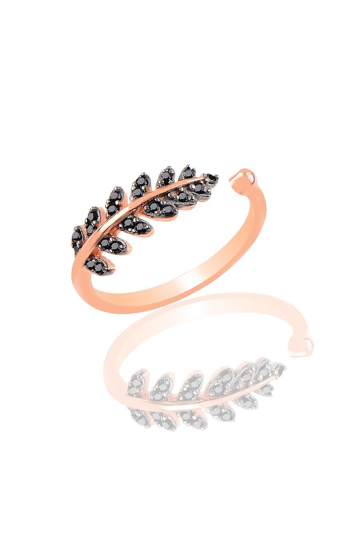 Gümüş rose siyah taşlı yaprak yüzük SGTL9947SIYAH