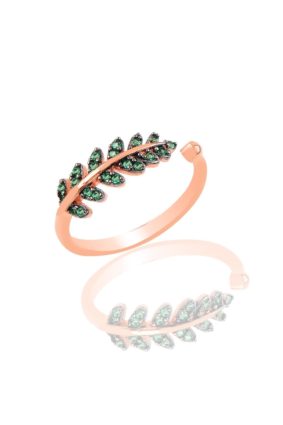 Gümüş rose yeşil taşlı yaprak yüzük  SGTL9947YESIL