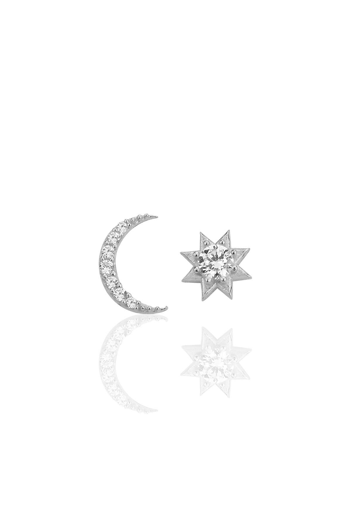 Gümüş rodyumlu zirkon taşlı ay ve güneş kombin küpe SGTL12257RODAJ