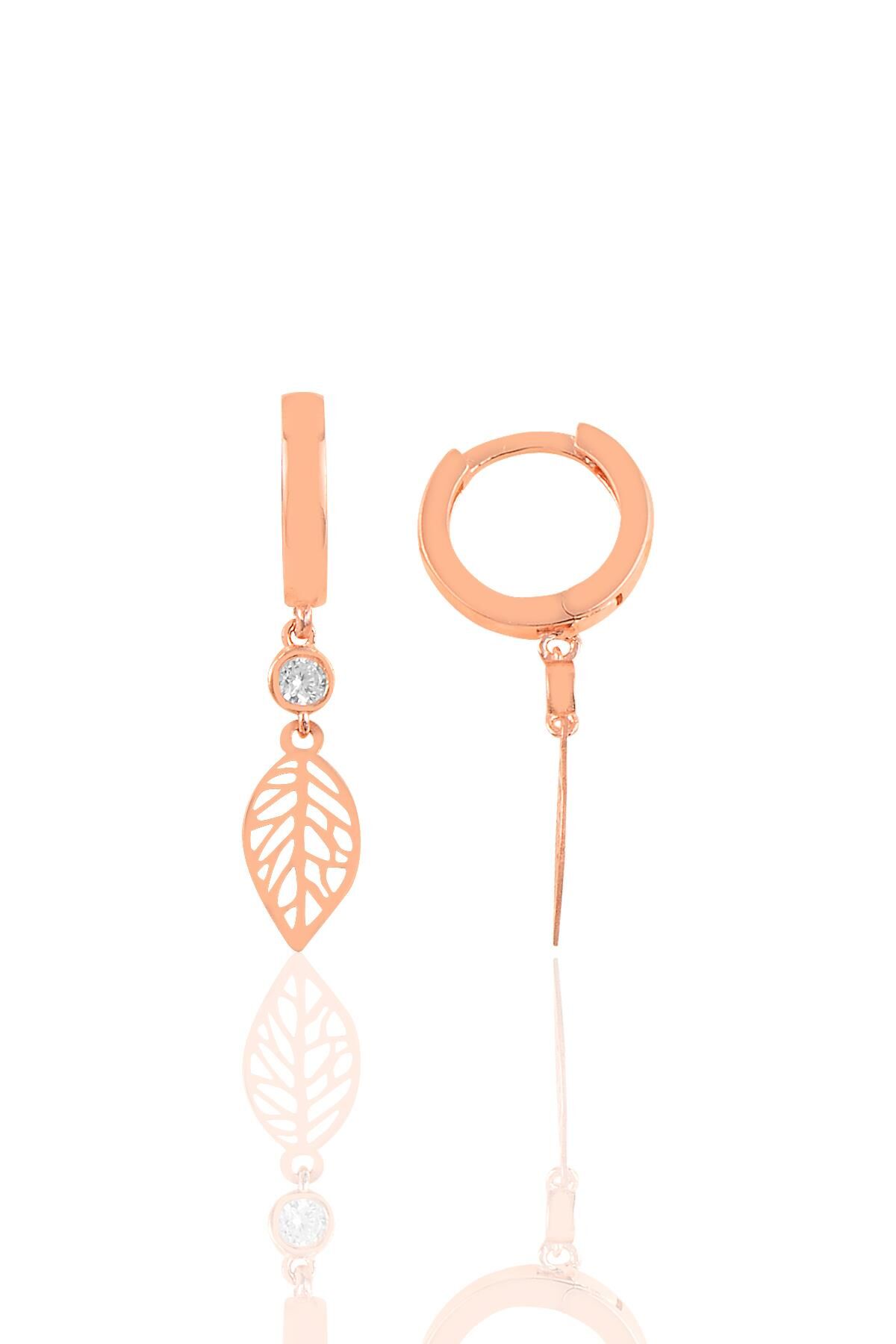 Gümüş tek taşlı işlemeli yaprak küpe