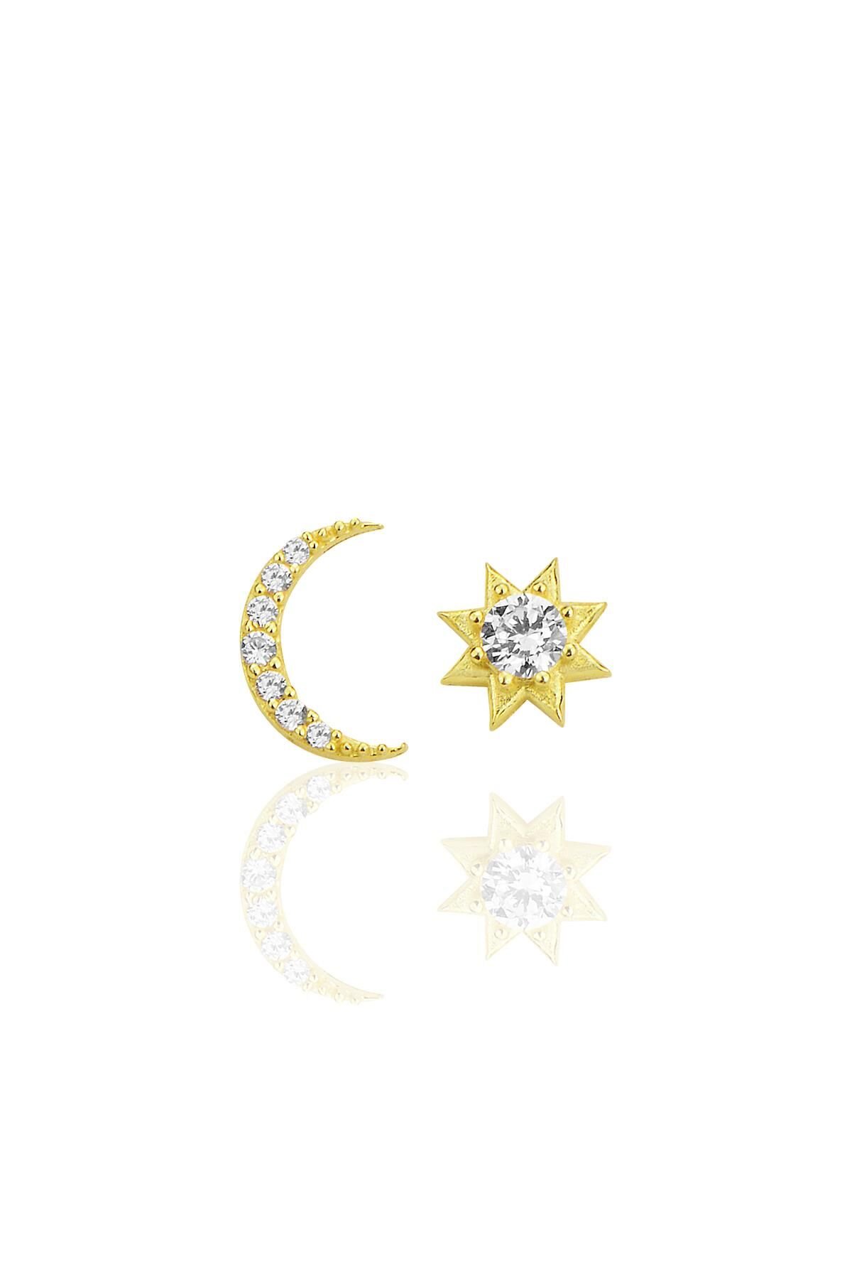 Gümüş altın yaldızlı zirkon taşlı ay ve güneş kombin küpe SGTL12257GOLD