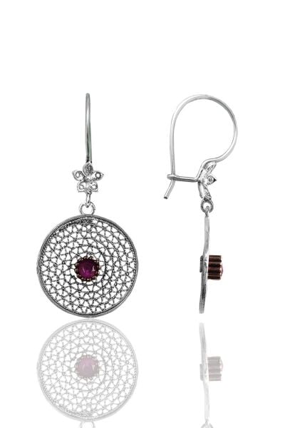 Gümüş kök yakut taşlı telkari işlemeli yuvarlak küpe SGTL12139KIRMIZI