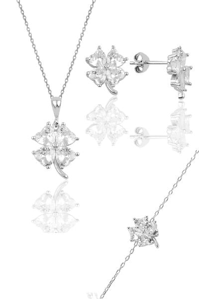 Gümüş rodyumlu zirkon taşlı yonca modeli üçlü set SGTL10580BEYAZ