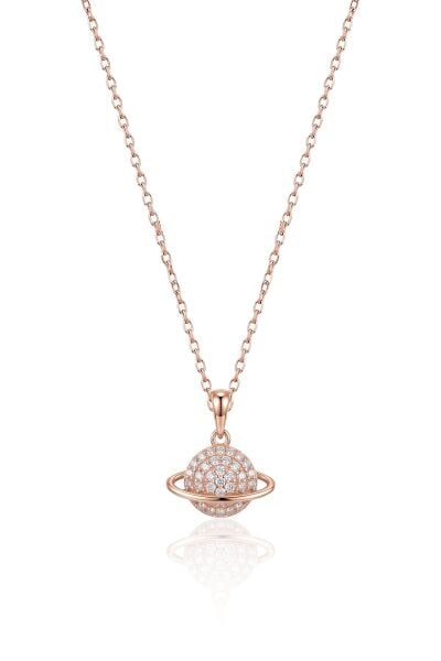 925 Ayar Gümüş Kolye Rose Zirkon Taşlı Evren Işıltısı Satürn Gezegen Kolye uzay Temalı SGTL13406ROSE