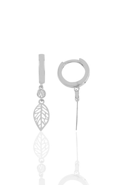 Gümüş tek taşlı işlemeli yaprak küpe Gümüş