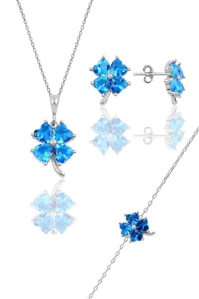 Gümüş rodyumlu akuamarin  renkli yonca modeli üçlü set SGTL10580AKUA