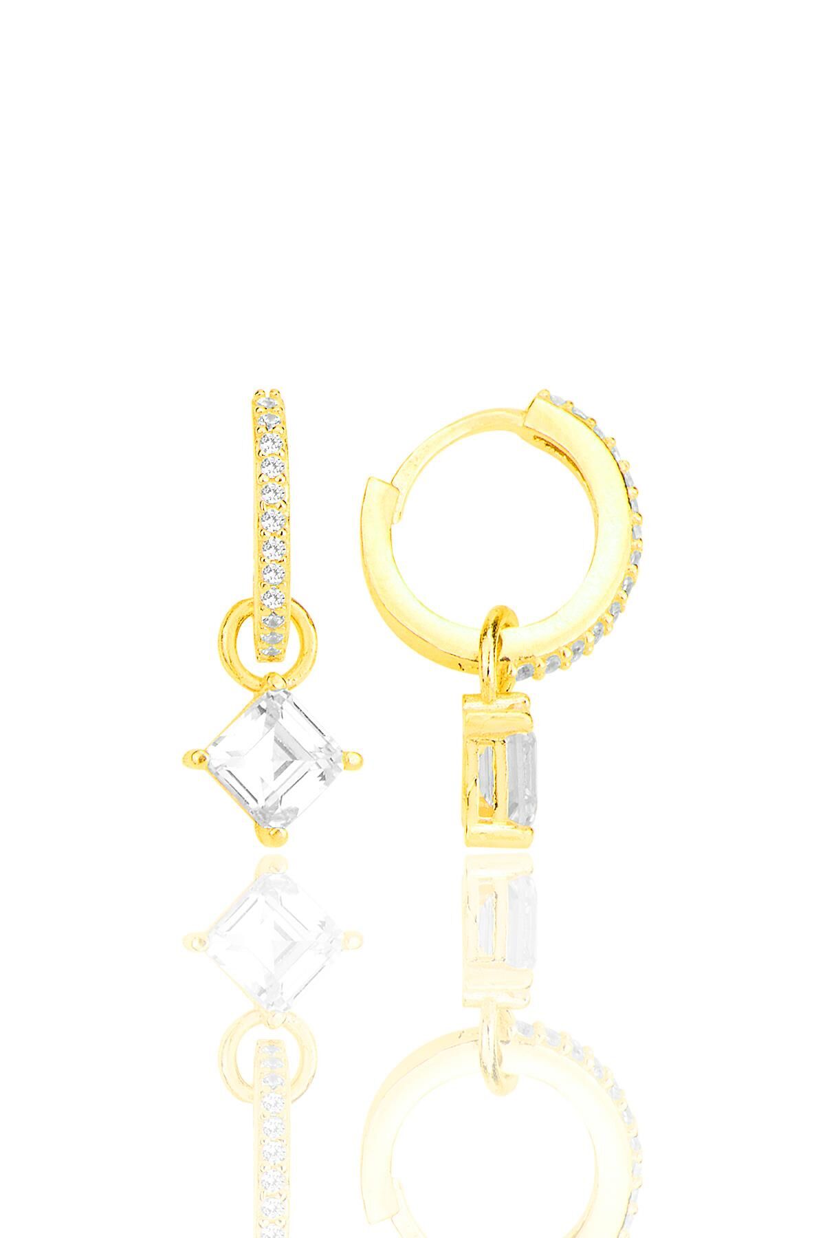 Gümüş altın yaldızlı baget kesim zirkon taşlı halka küpe SGTL12256GOLD