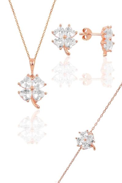 Gümüş rose zirkon taşlı yonca modeli üçlü set SGTL10581BEYAZ