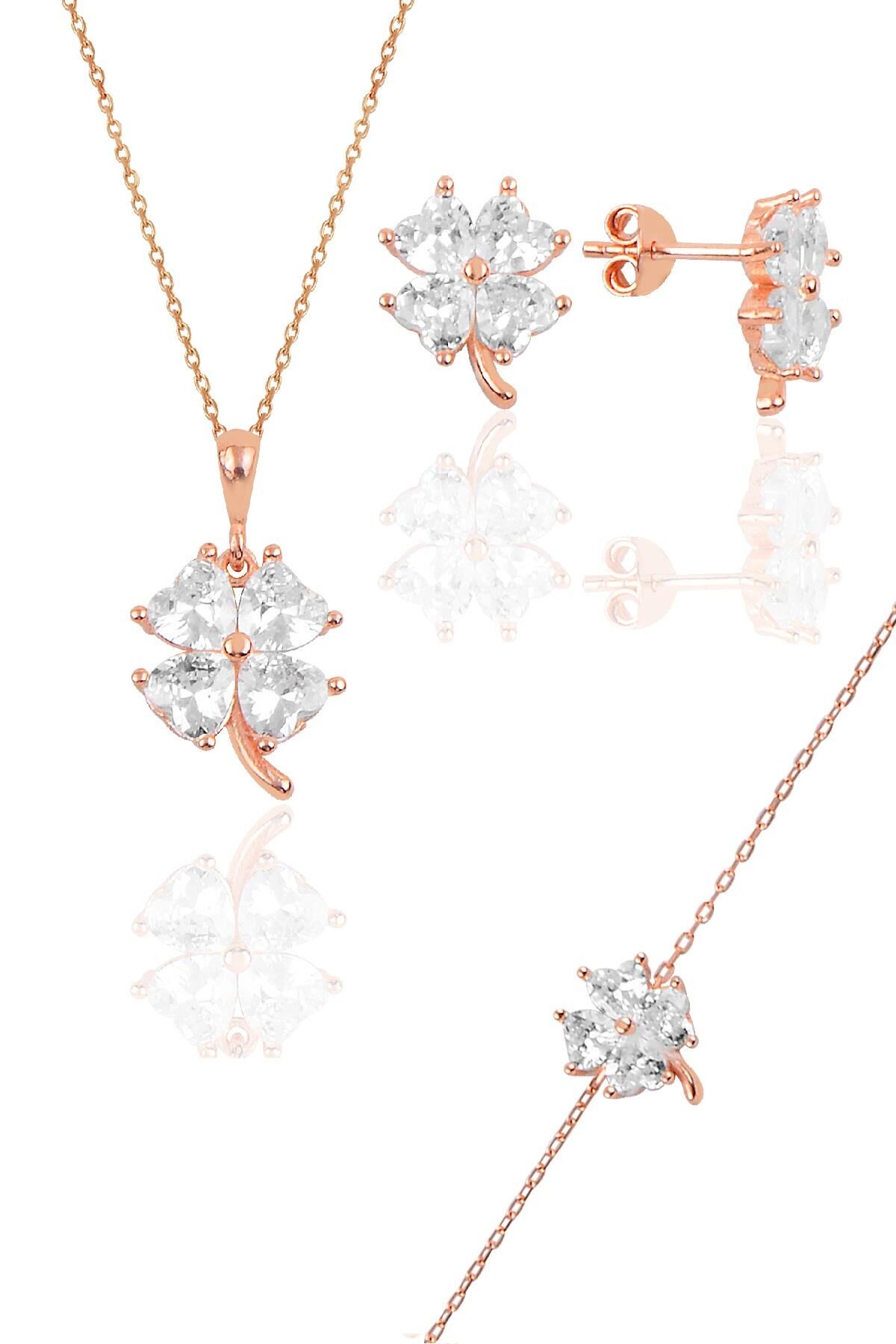 Gümüş rose zirkon taşlı yonca modeli üçlü set SGTL10581BEYAZ