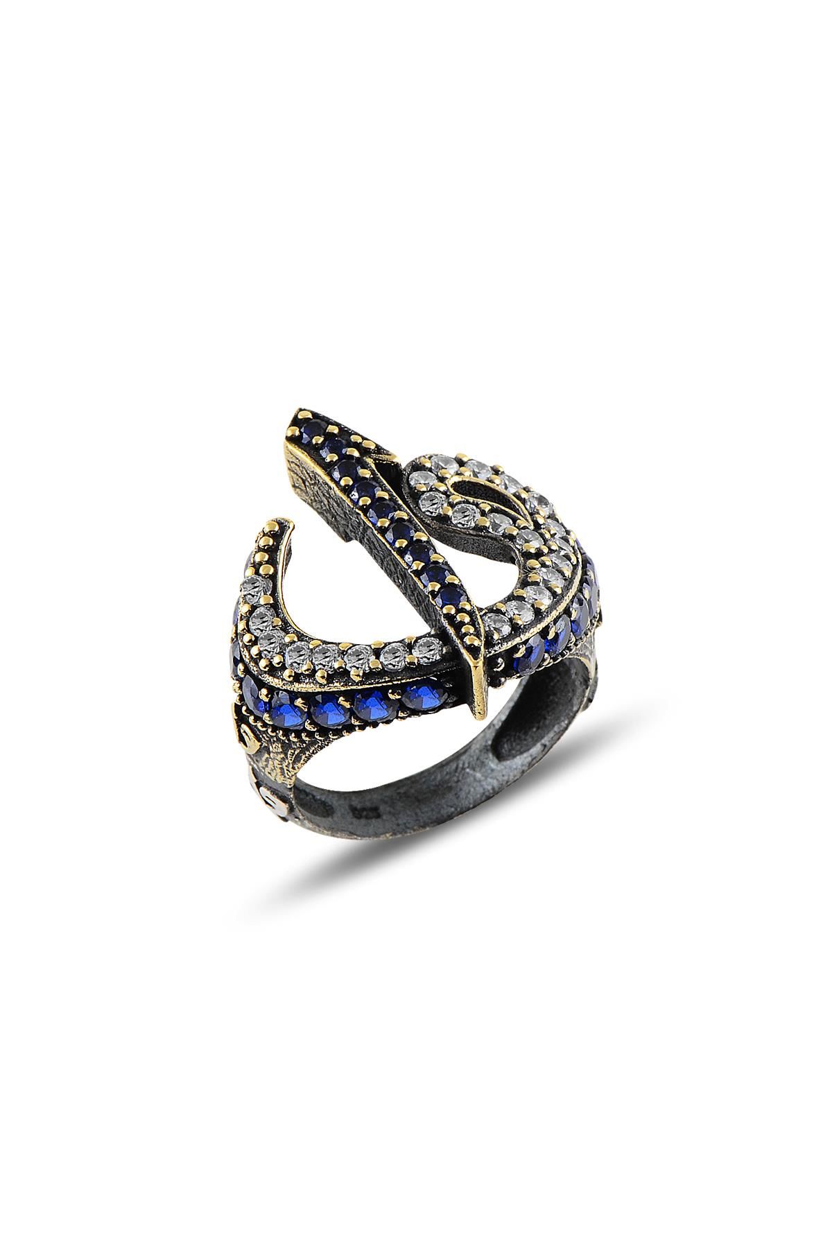 Gümüş zirkon ve safir taşlı Elif Vav yüzük SGTL10657SAFIR