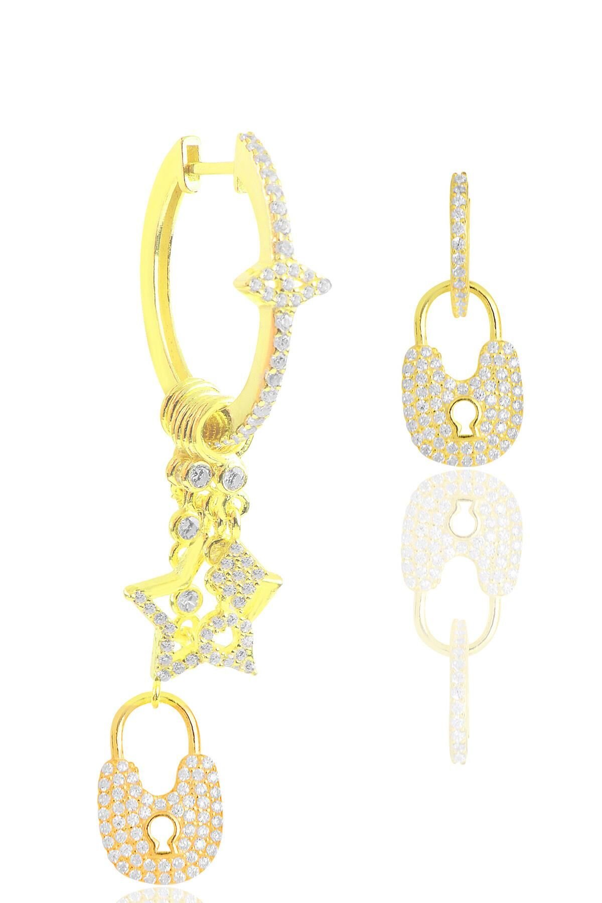 Gümüş altın yaldızlı zirkon taşlı kilit şans küpe SGTL12110GOLD