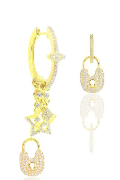 Gümüş altın yaldızlı zirkon taşlı kilit şans küpe SGTL12110GOLD