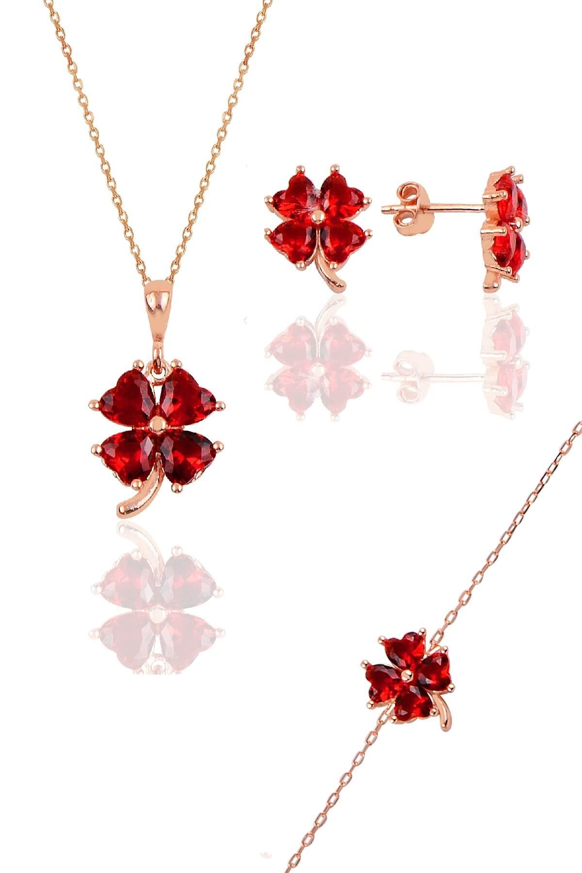 Gümüş rose lal  renkli yonca modeli üçlü set SGTL10581LAL