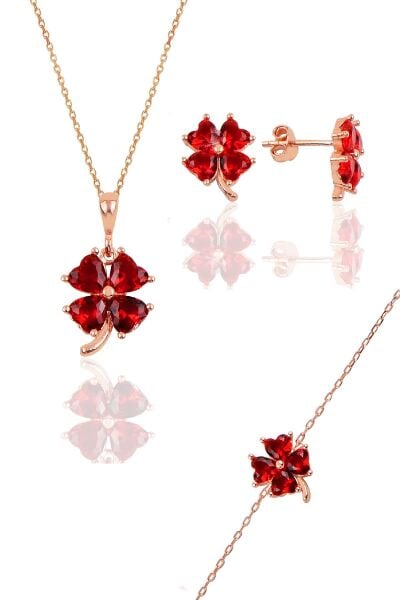 Gümüş rose lal  renkli yonca modeli üçlü set SGTL10581LAL