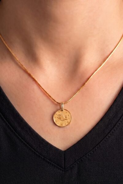 925 Ayar Gümüş Kolye Altın Kaplama Yılan Zincirli Minimal Tuğralı Kolye Reşat Altın Sikke Model SGTL13409GOLD