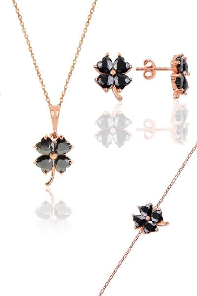Gümüş rose siyah renkli yonca modeli üçlü set SGTL10581SYH