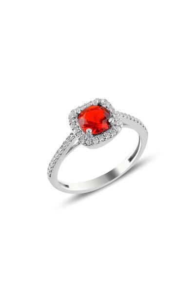 Gümüş rodyumlu kırmızı taşlı kare yüzük SGTL10764KIRMIZI