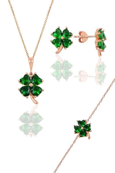 Gümüş rose zümrüt  renkli yonca modeli üçlü set SGTL10581YSL