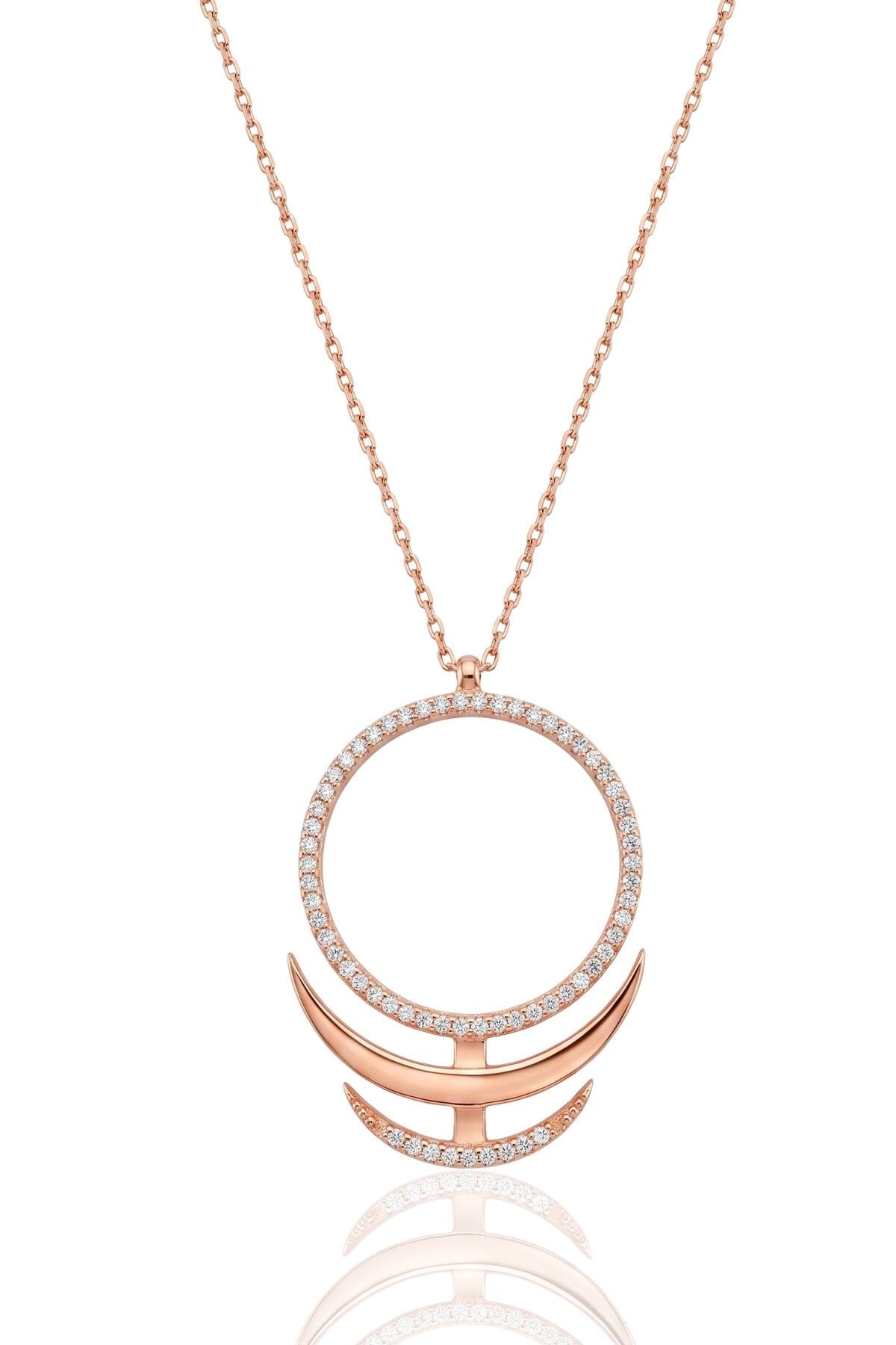 925 Ayar Gümüş Kolye Rose Geometrik Çember Ve Çift Hilal Figürlü Kolye SGTL13410ROSE